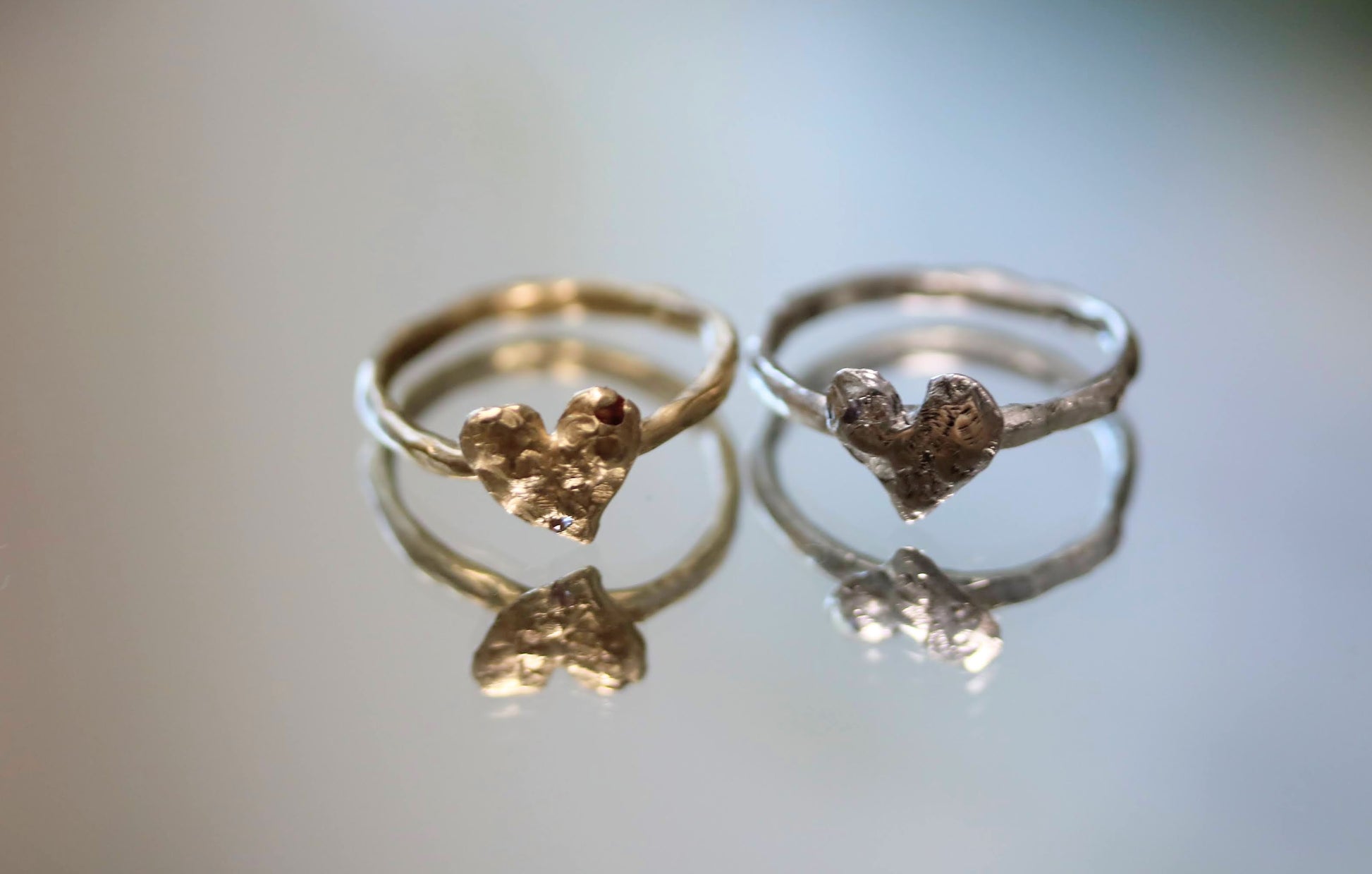 Heart shaped rings in gold and silver