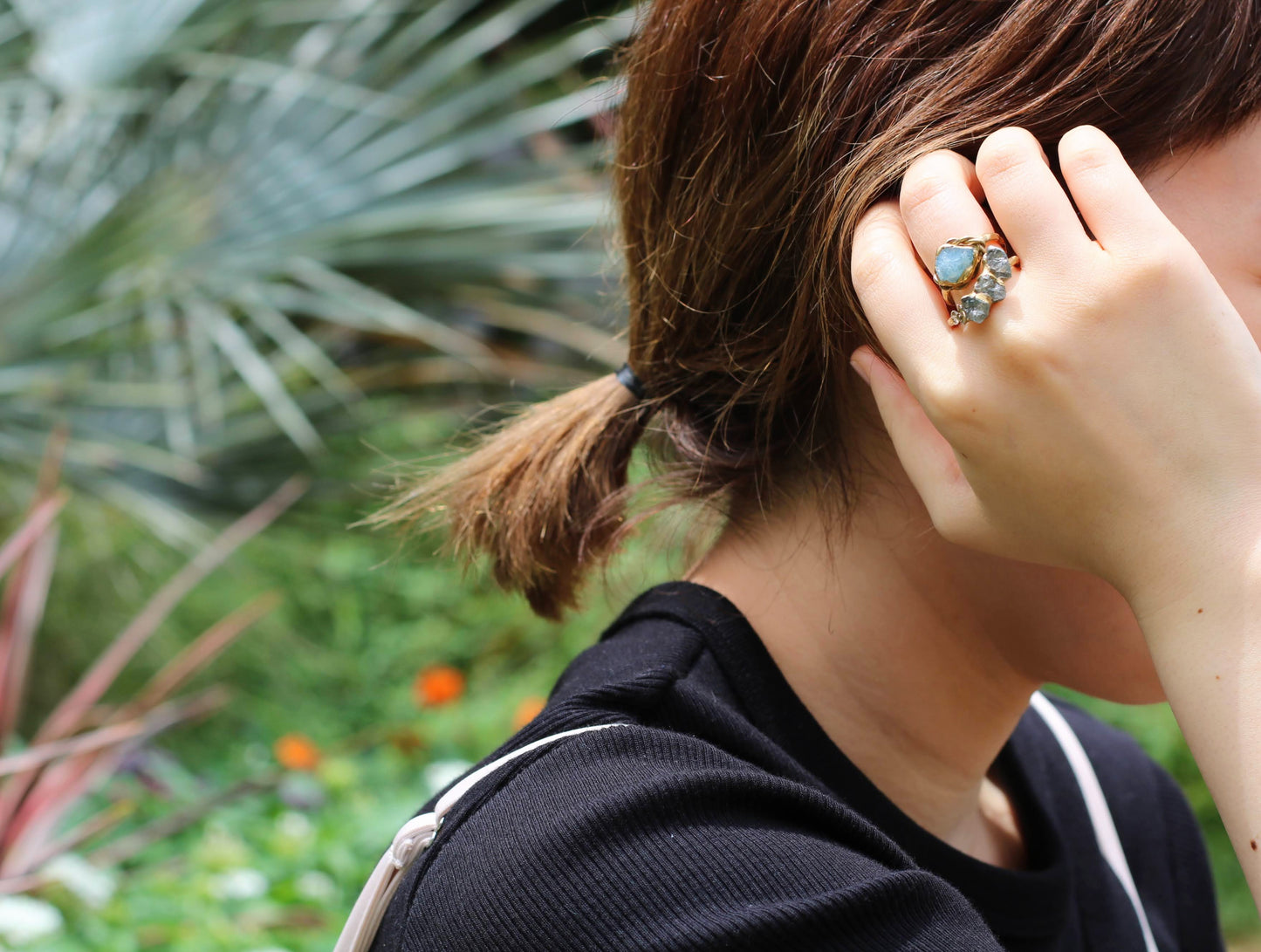 stacking zircon and aquamarine rings