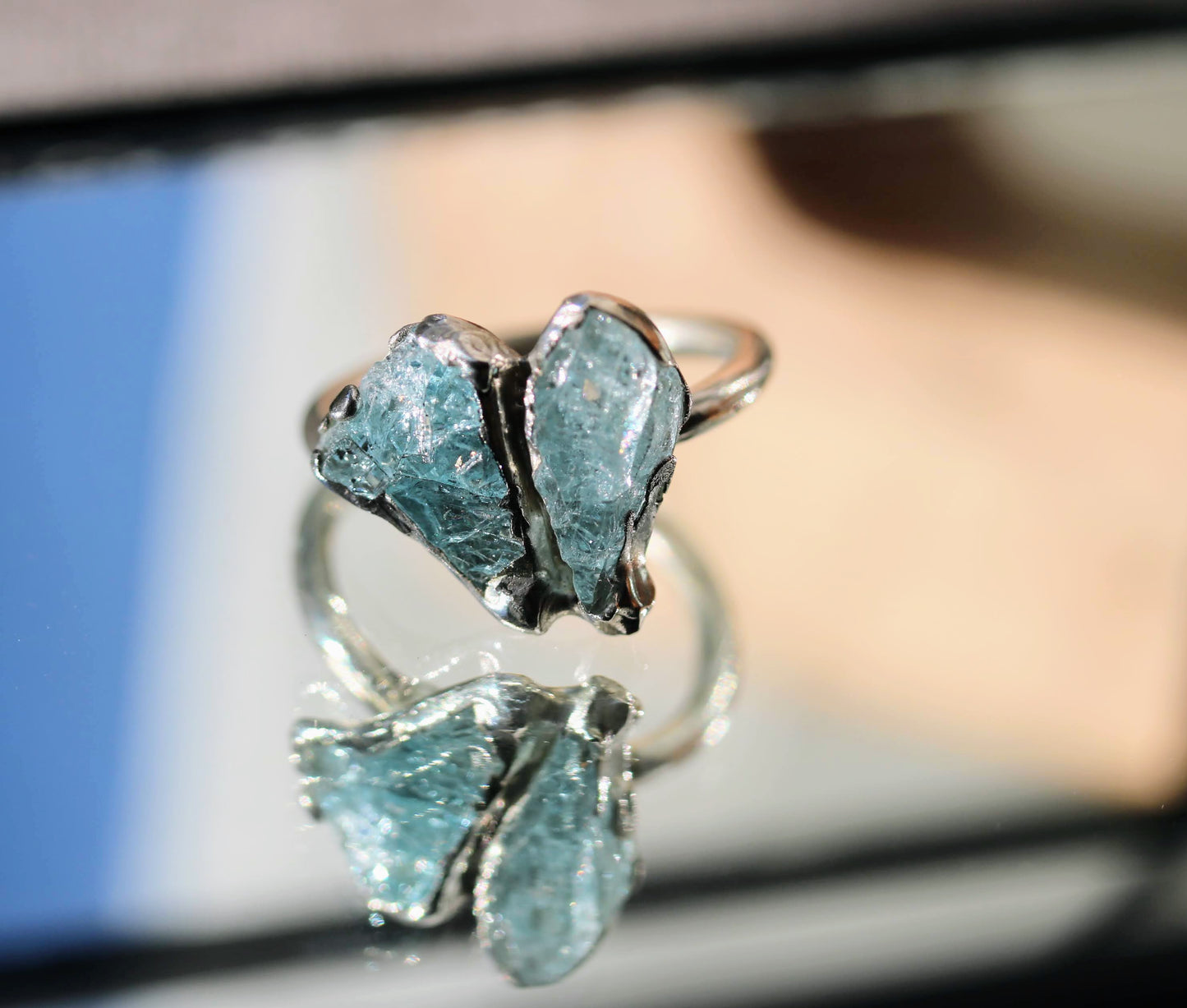 aquamarine silver heart ring