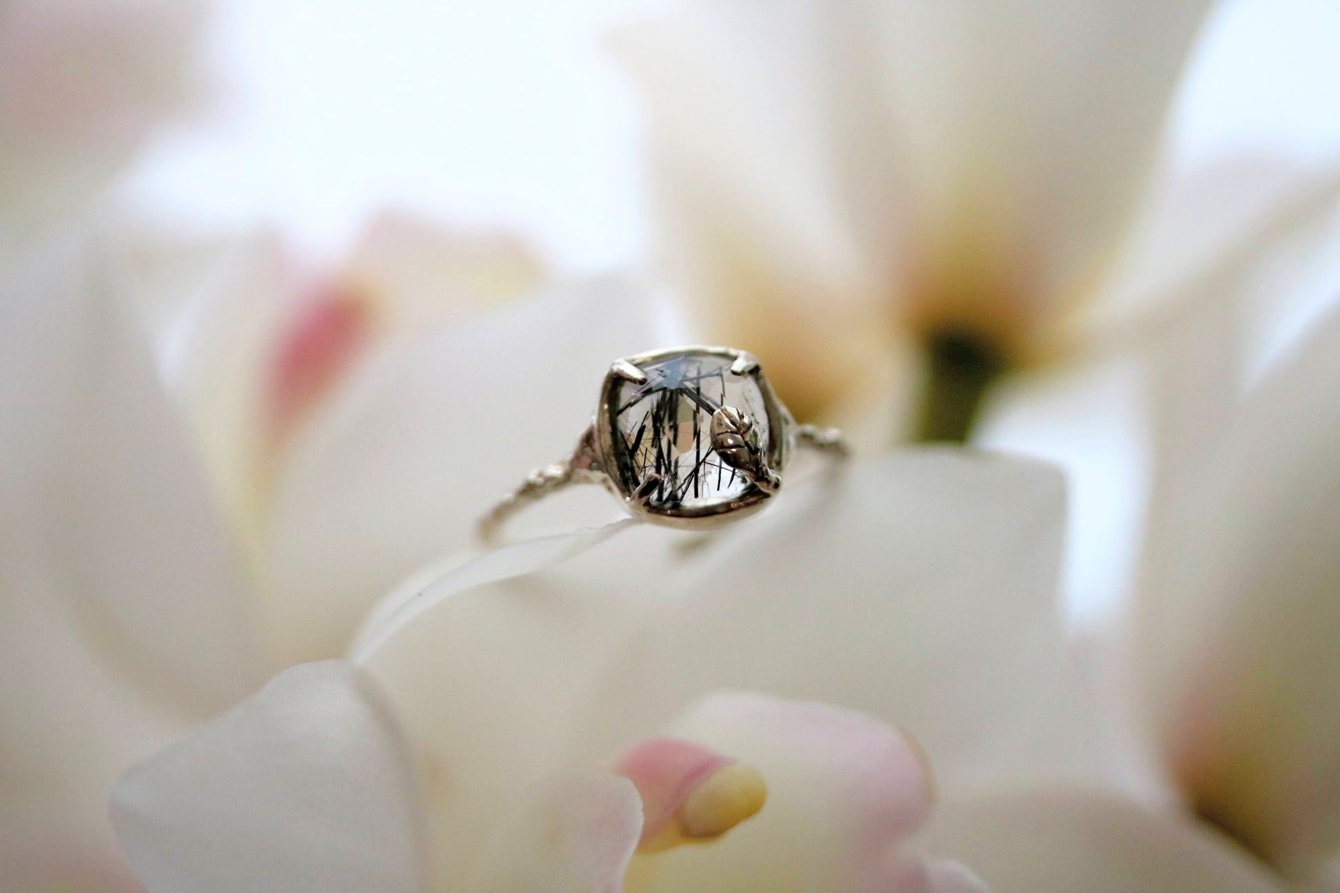 black rutilated quartz silver ring