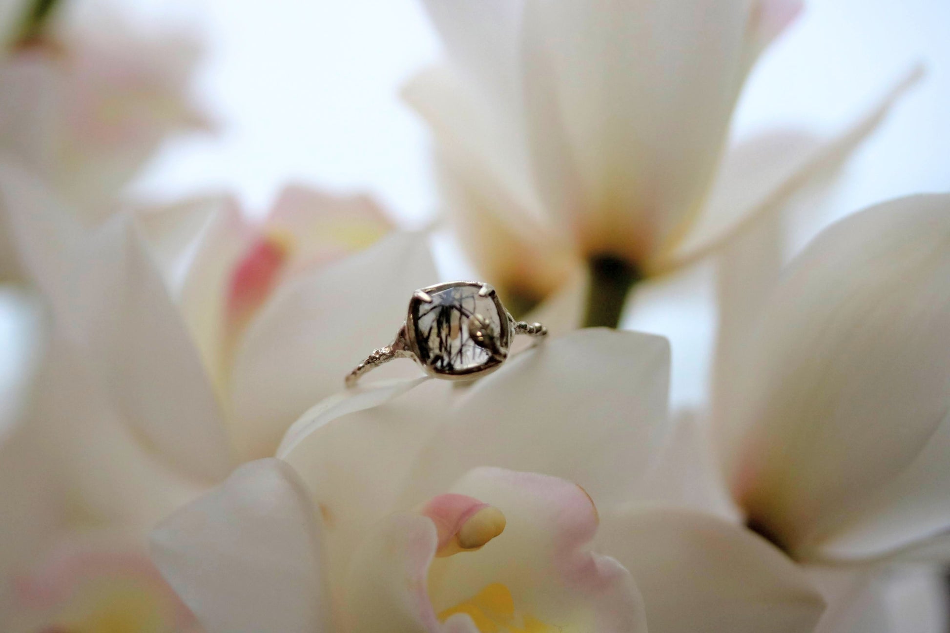 black rutilated quartz solitaire ring