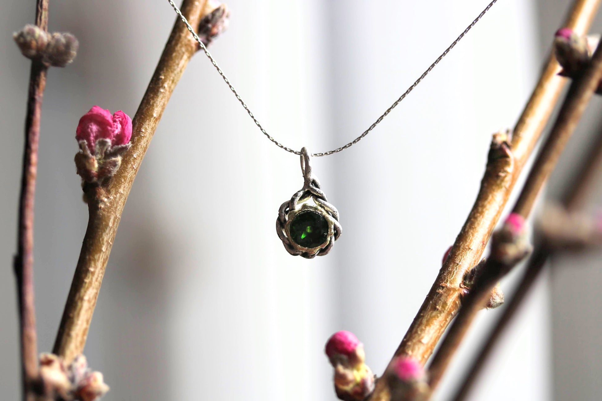 emerald green diopside silver necklace