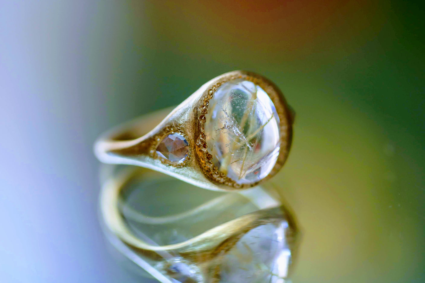 rutile quartz gold ring with moonstones